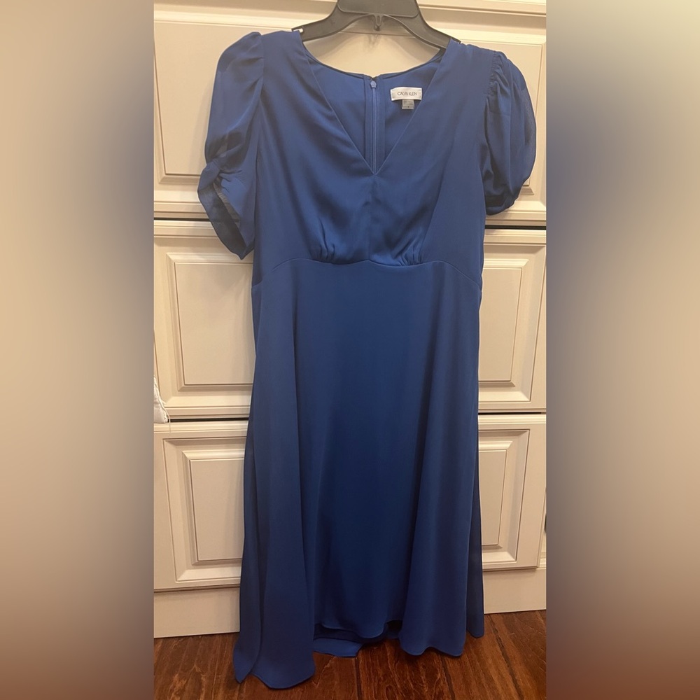 Calvin Klein Blue Puff Sleeve Midi Sundress